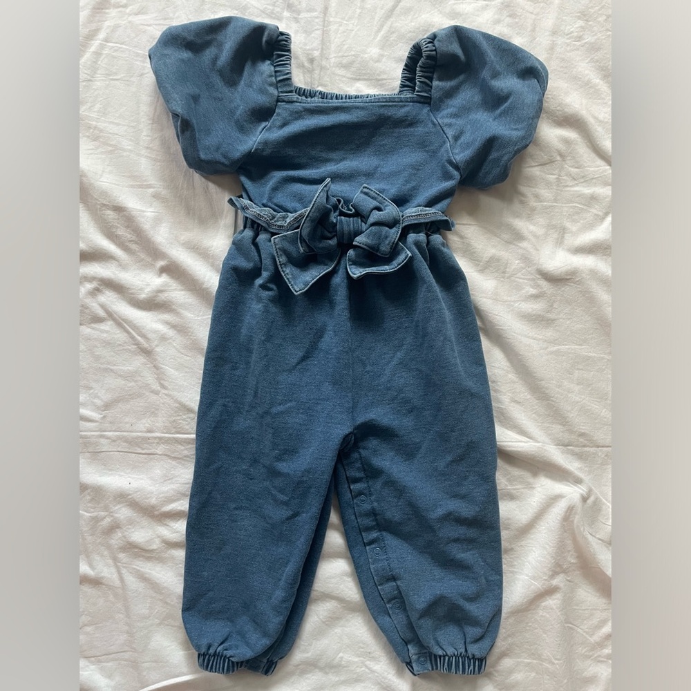 Habitual Kids Denim Like Romper with Ruffles and Bow 18 Months